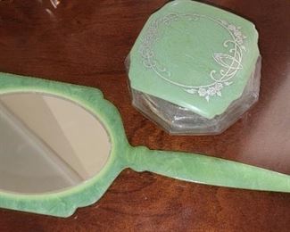 Vintage vanity mirror and powder jar