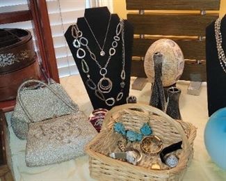 Art glass, jewelry, vintage purses and ostrich egg
