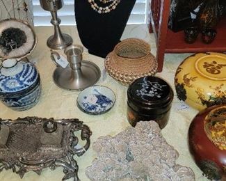 Art glass, Chinese boxes and pyrite crystal