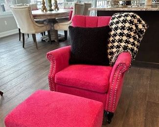 HOT PINK UPHOLSTERED CHAIR W/OTTOMAN 