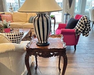 WOOD END TABLE, 2ND STRIPED LAMP