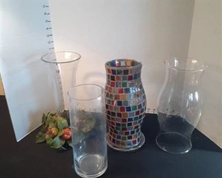 Vases and Mosiac candle cover and glass hurricane