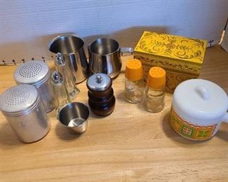 Recipe box, s & p shakers, Krups stainless sugar and creamer