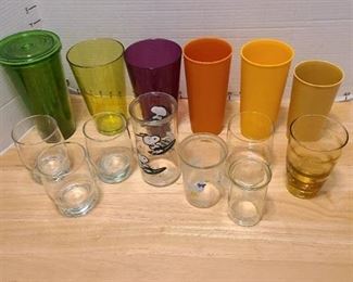 Tupperware, glass and plastic drinking glasses