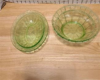 Green depression glass round and oval serving bowls