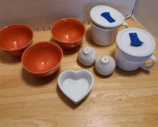 Corningware soup mugs, orange bowls, s & p shakers, heart shaped dish