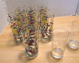 Ten fruit pattern glasses and two clear etched