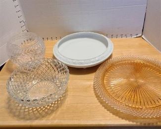 Pink depression glass cake plate, glass bowls, ceramic planter/floating tealight bowl