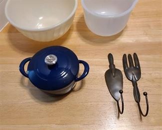 Fire King mixing bowl, Glasbake Sunbeam mixer bowl with spout, blue Southern Living iron pot, hooks
