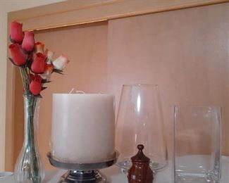 Home decor. (3) glass vases(1) has faux flowers, (3) wick candle (new) and trinket box (burled wood)