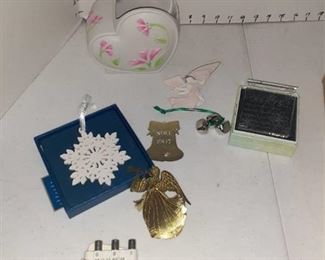 Miscellaneous home decor. Christmas ornaments, vase, sister paper weight, and a vintage pitch pipe (by Wm. Kratt Co. Union, NY)