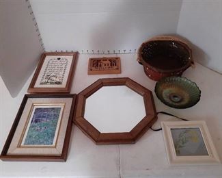 Wall decor. Mirror, framed pictures, basket and candy dish
