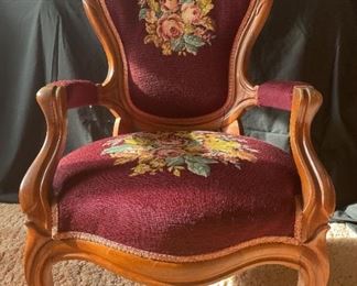 Antique Victorian Carved Walnut And Needlepoint Parlor Armchair, Circa 1890