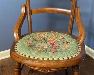 Antique Mid 19th Century American Wood Needlepoint Ladderback Chair