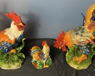 Ceramic Sculpture Roosters, Plus A Fitz And Floyd Napkin Holder