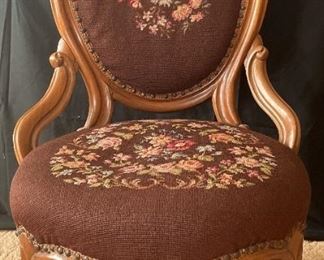 Antique Victorian Carved Walnut And Needlepoint Parlor Armchair, Circa 1890