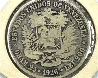 1926 Venezuela Silver Bolivar, Large 90% Coin