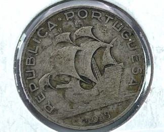 1933 Portugal Silver 5 Escudos w/ Ship