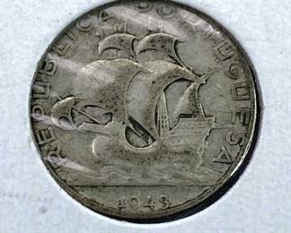 1943 Portugal Silver 2-1/2 Escudos w/ Ship