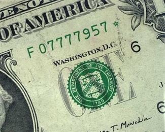 US $1 STAR Note, 'Lucky 7s' with '07777' Serial