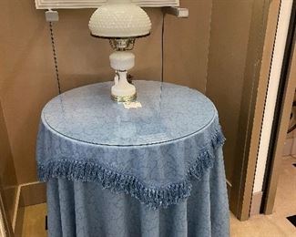 Glass top table - blue table cover