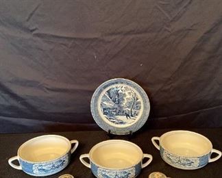 Currier Ives Pie Plate, Casserole Dishes, Butter Cover And Salt  Pepper Shakers