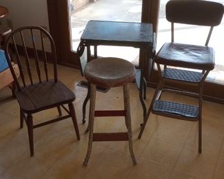Metal Table With Metal Stool Plus Child Size Wooden Chair