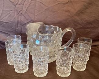 Vtg American Fostoria Cubicle Pattern Water Pitcher With Small Glasses