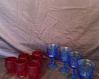 Vtg Crystal Fostoria Argus Blue Tall Glasses And Ruby Red Thumb Print Glasses