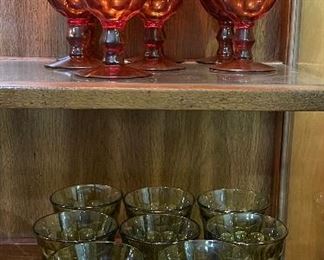 Vintage Thumbprint Amber Goblets, Vintage Noritake Perspective Avocado Green Goblets