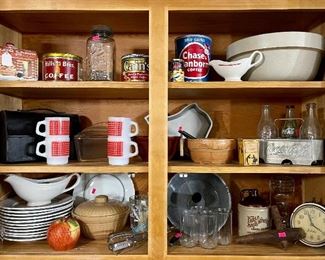 Vintage Coffee Tins, Antique Lunch Bucket, Fire King Red Plaid Coffee Cups, Restaurant Ware Dishes