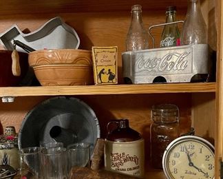 Vintage Coca Cola Aluminum 6-Pack Bottle Carrier, Vintage Liberty Clock, Crock Bowls, Primitive Whiskey Barrel Spout, Enamelware