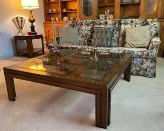 Mid Century Glass Top Coffee Table and End Tables, Vintage Sofa