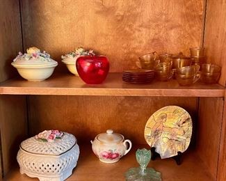 Vintage Amber Glass Child’s Tea Set, Red Glass Apple Paperweight 