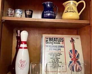 LP Record Albums Beatles and more, Vintage Jim Beam Ten-Pin and Jeannie Bottles, Vintage Bar Glasses