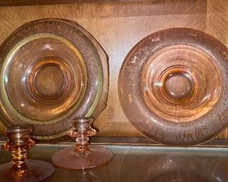 Vintage Pink Depression Glass Rolled Console Bowl with Matching Candlesticks