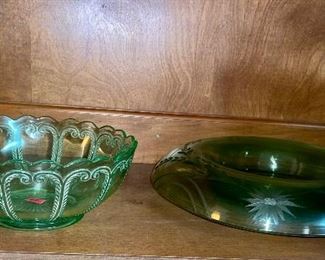 Vintage Green Depression Glass Rolled Console Bowl, Green Depression Vaseline Glass Bowl
