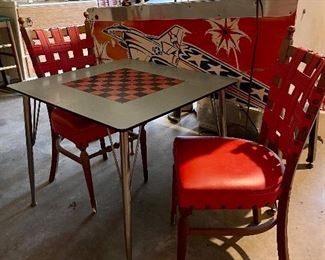 Vintage Red Vinyl Weaved Chairs, Vintage Gaming Table