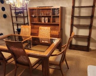 Fine Drexel Dining set from 60's or 70's. MCM. Upgraded smoked glass. This photo shows table without leaves, Breakfront is Danish Modern