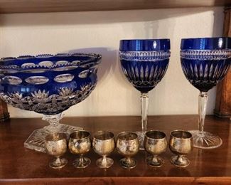 Heavy Cut glass bowl and 2 Waterford Serenity Goblets