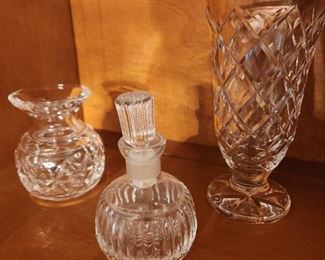 Waterford vases and perfume bottle