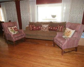Sofa, Pair of Wingback Chairs & Decorative Pillows