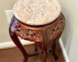 Vintage Carved Rosewood Octagon Plant Stand with Pink Marble Top