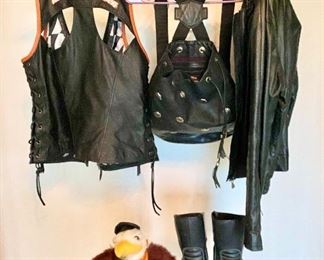 Womens Harley Davidson riding vest (large), backpack, riding boots, black leather jacket.