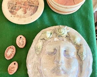 Coasters, sculpture wall hanging, pottery beads. 