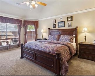 King Bed Set (bedding sold), Nightstands, Wood Bench, Lamps, Art