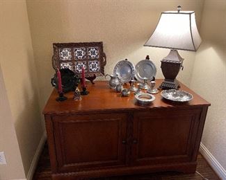 TV Console, Lamp, Pewter items, etc.