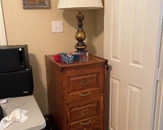 Wood File Cabinet, Lamp, Art