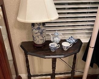 Small table, Lamp (sold), Blue and white