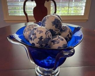 Blue Glass Bowl with Blue and White Balls